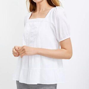 LOFT Lacy Tiered Square Neck Top (White, Size Small)